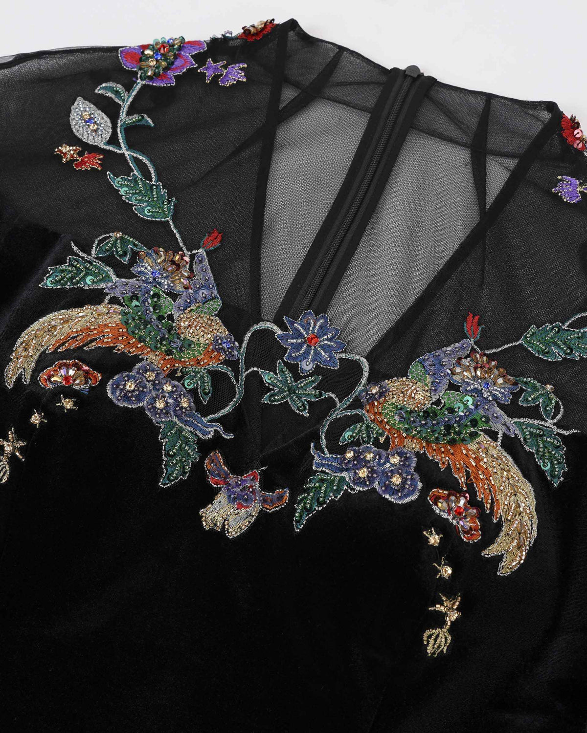 Phoenix Embroidered Sheath Gown with Lantern Sleeves