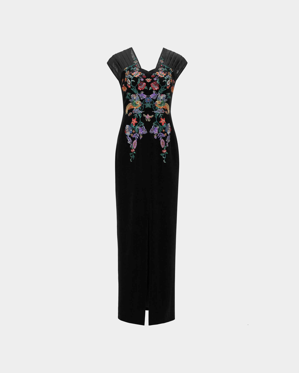 Phoenix Embroidered Gown with Pleated Shoulders