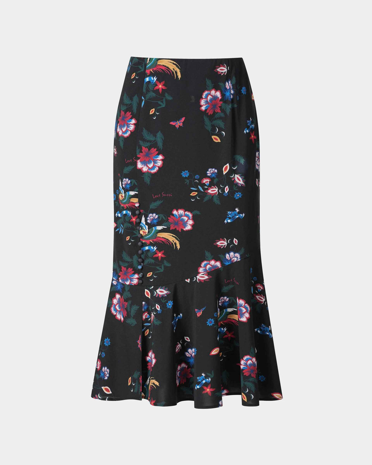 Phoenix Printed Midi Skirt with Flounce Hem