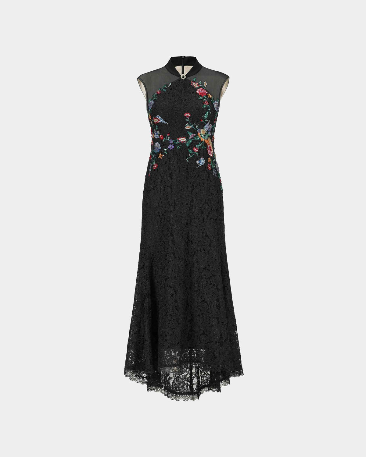 Peony Embroidered Midi Gown with Lace Accents