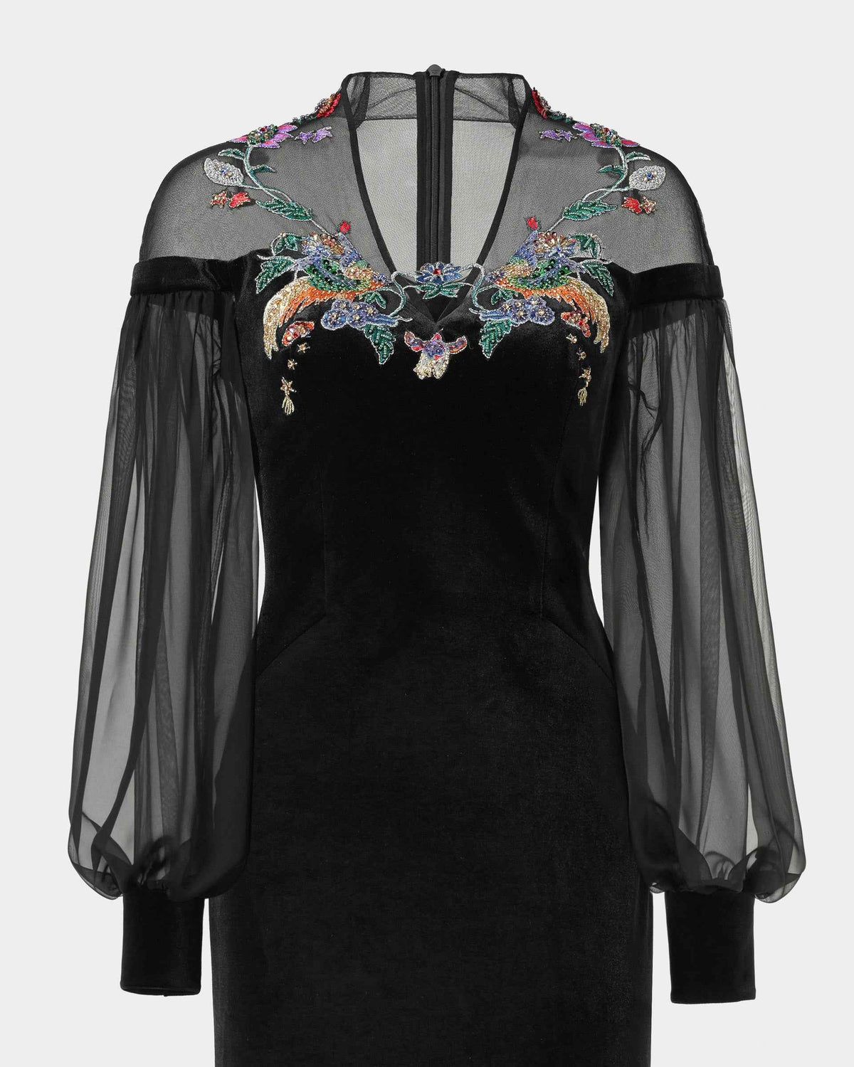 Phoenix Embroidered Sheath Gown with Lantern Sleeves