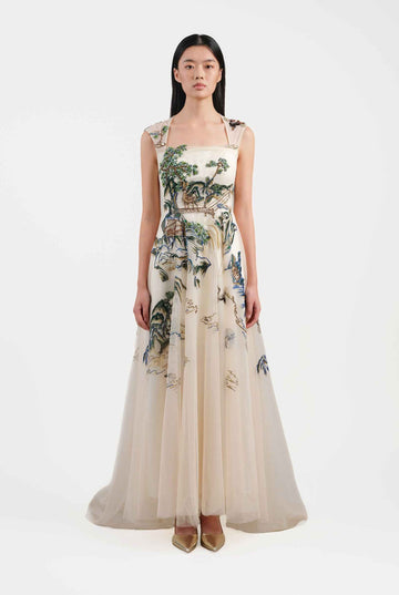 Riverscape High-Low Gown with Embroidery