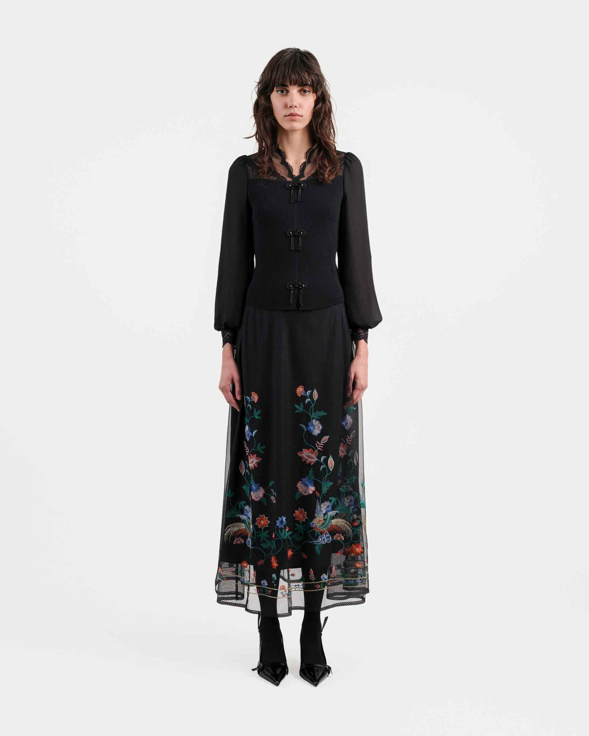 Phoenix Embroidered Midi Skirt with Lace Trim