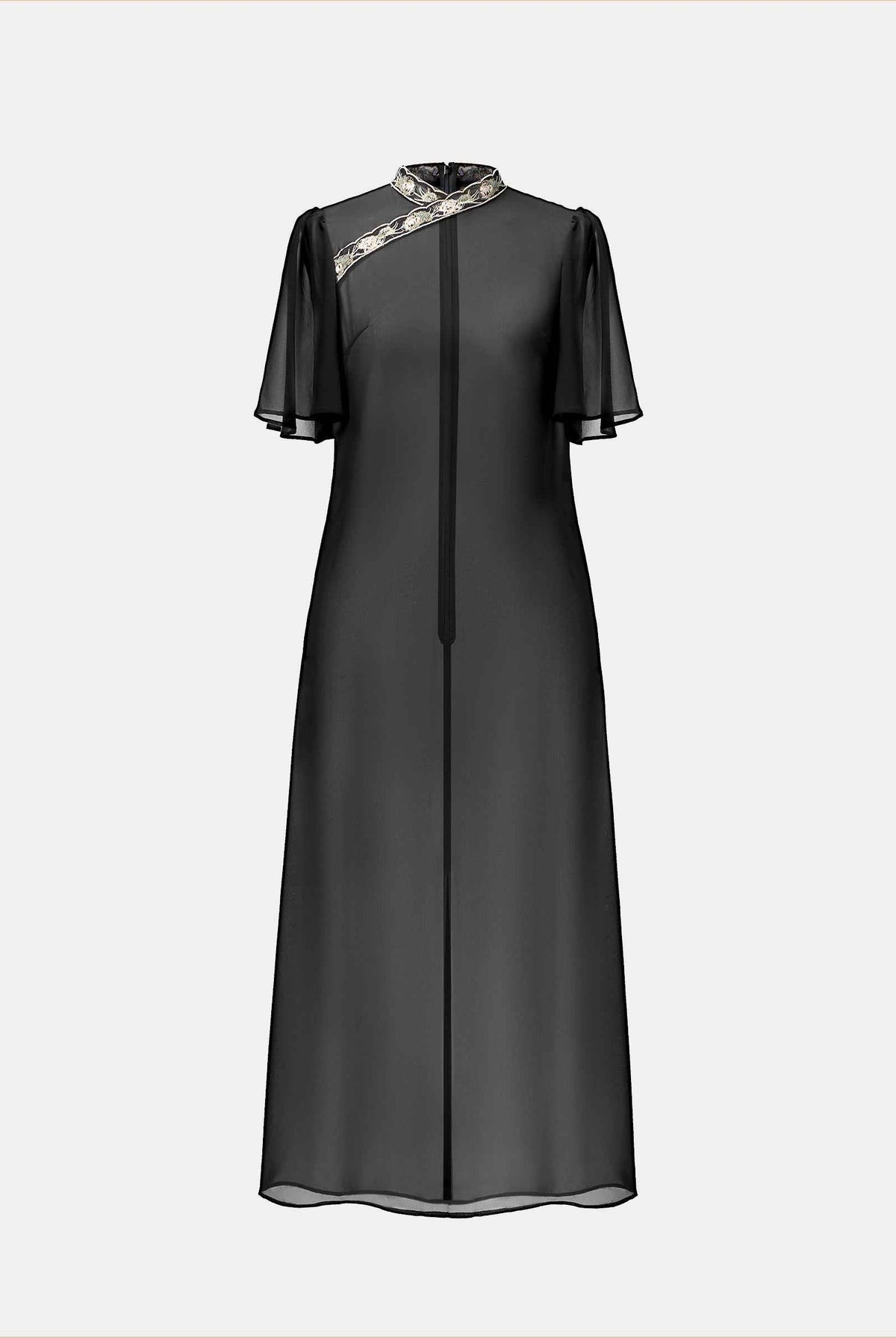 Chinese-Inspired Embroidered Cinched-Waist Shift Dress