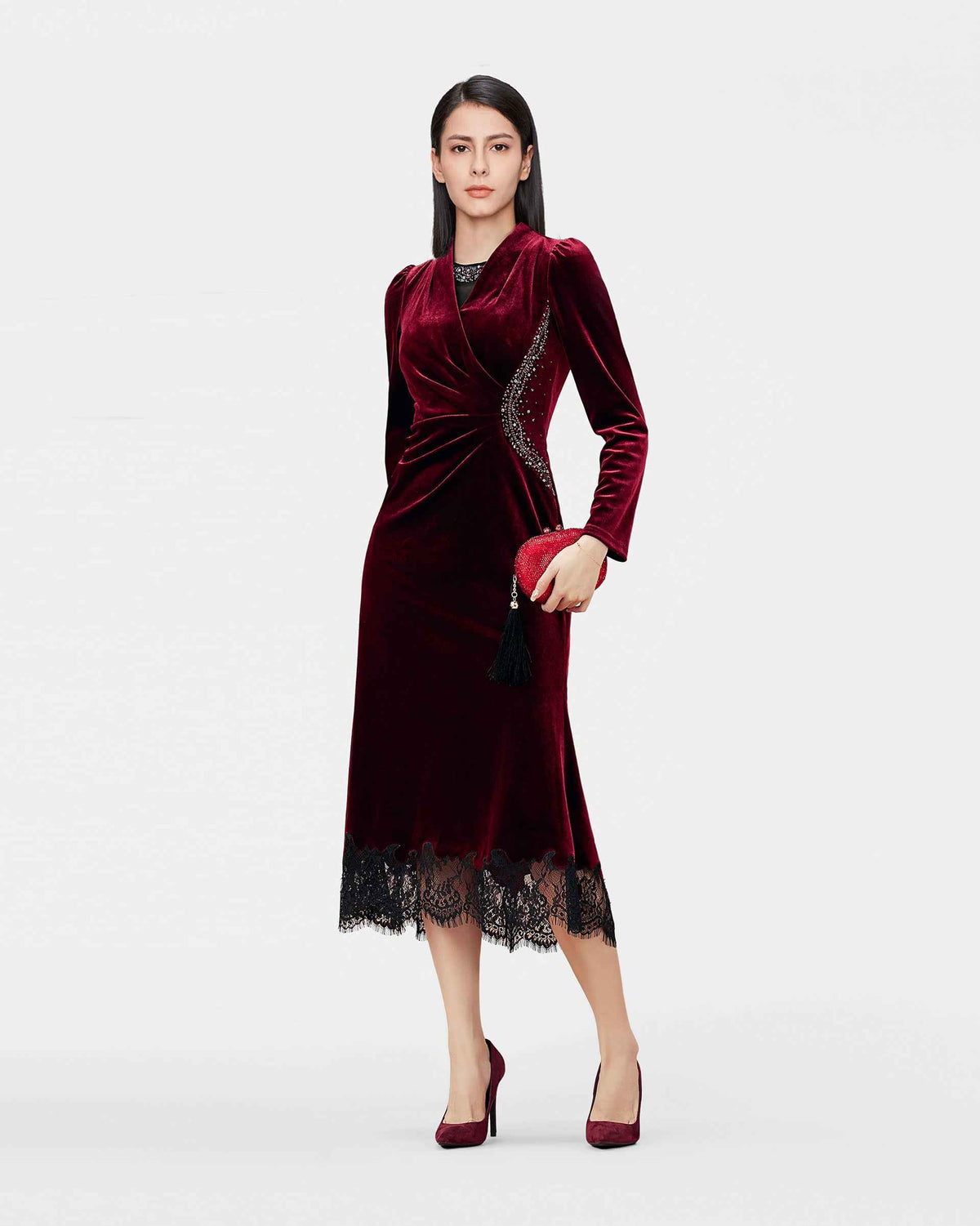 Velvet Lace-Trim Midi Dress