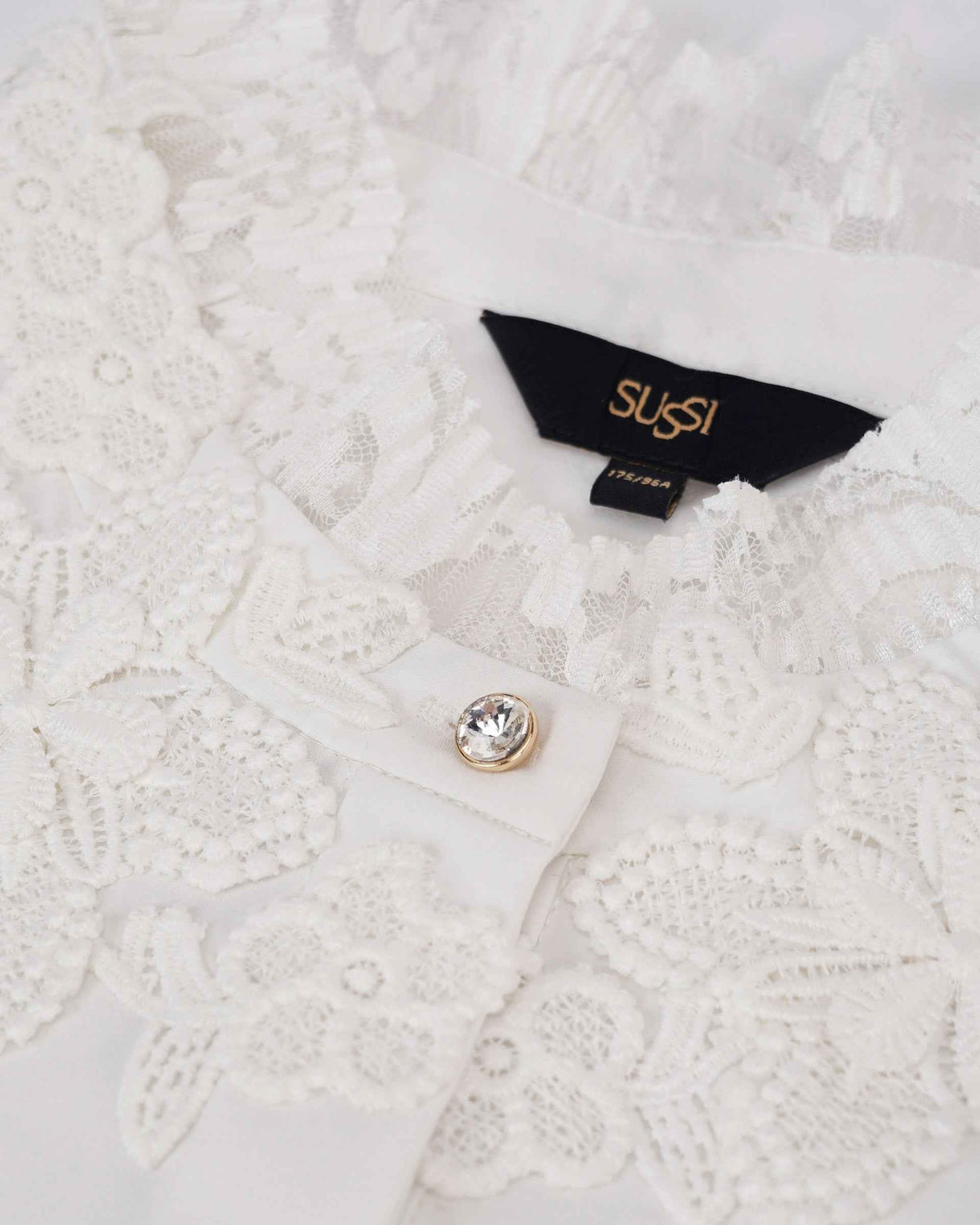 The collar reveals a dense floral lace pattern beside a small decorative fastening.