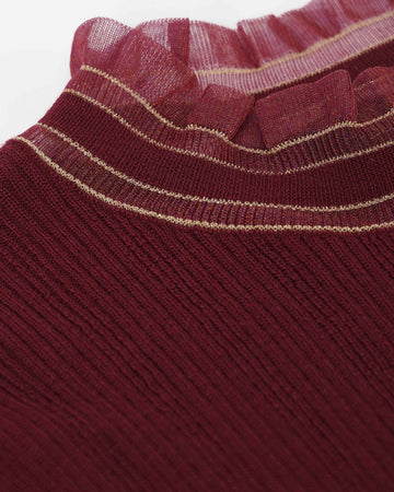 Burgundy Petal-Collared Knit Top