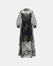 Bird-and-Flower Sheer Overlay Dress