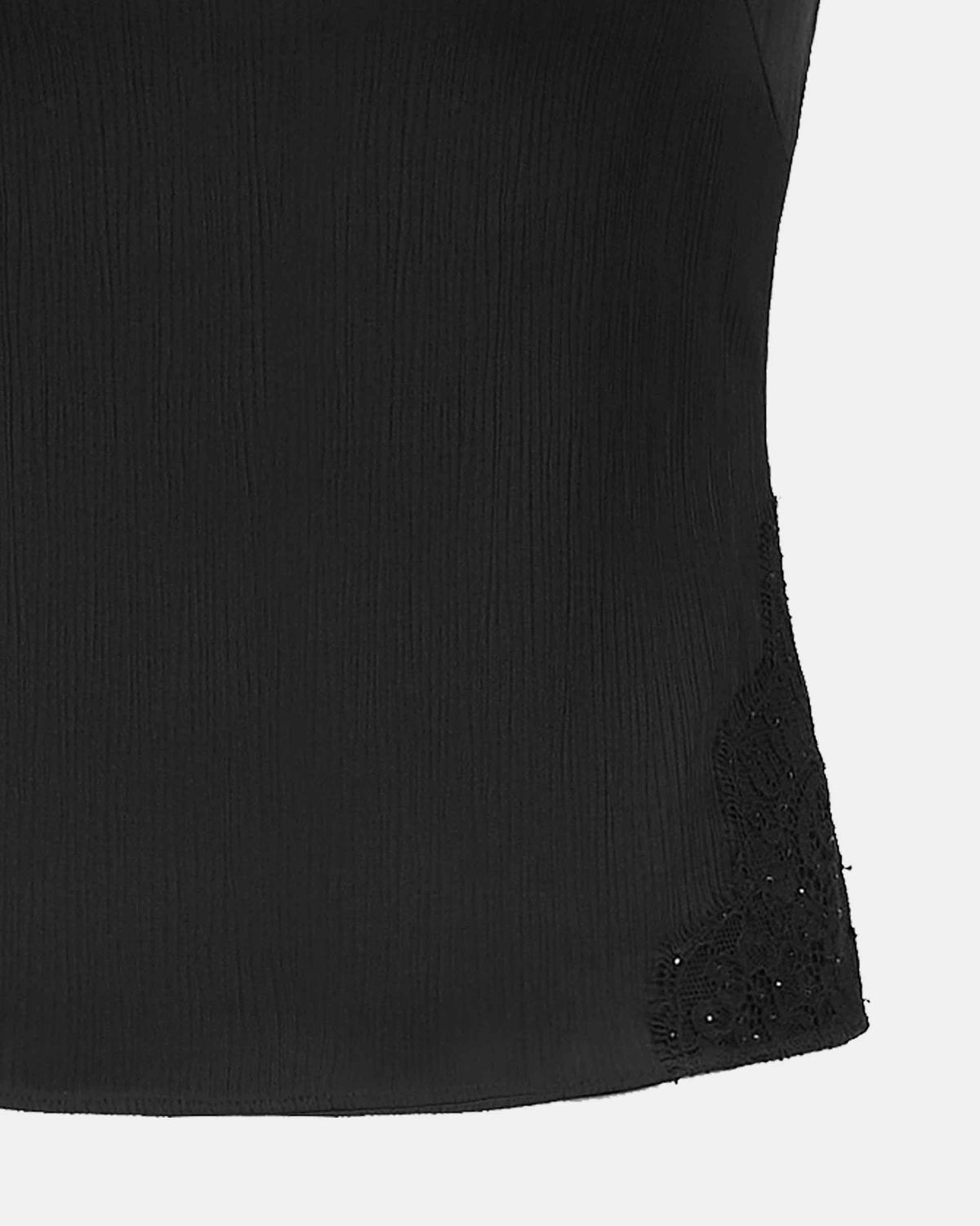 The lower edge combines smooth black fabric with a small lace detail.