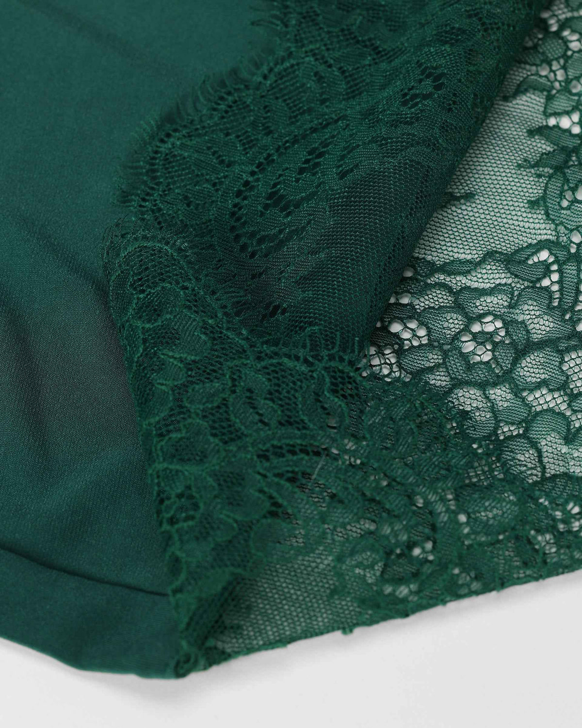 Lace follows the upper edge beside a transparent panel, giving the neckline a fine decorative frame.