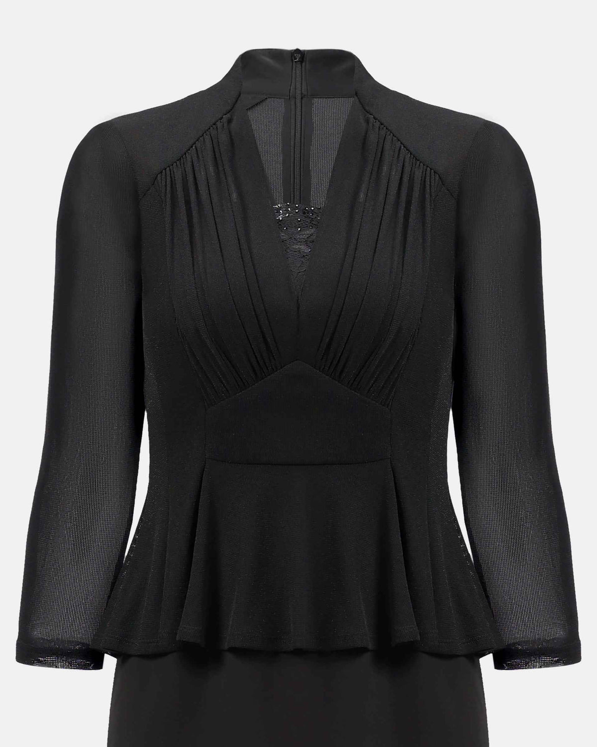 Fine vertical pleats lead down from the upper section towards a defined waist.