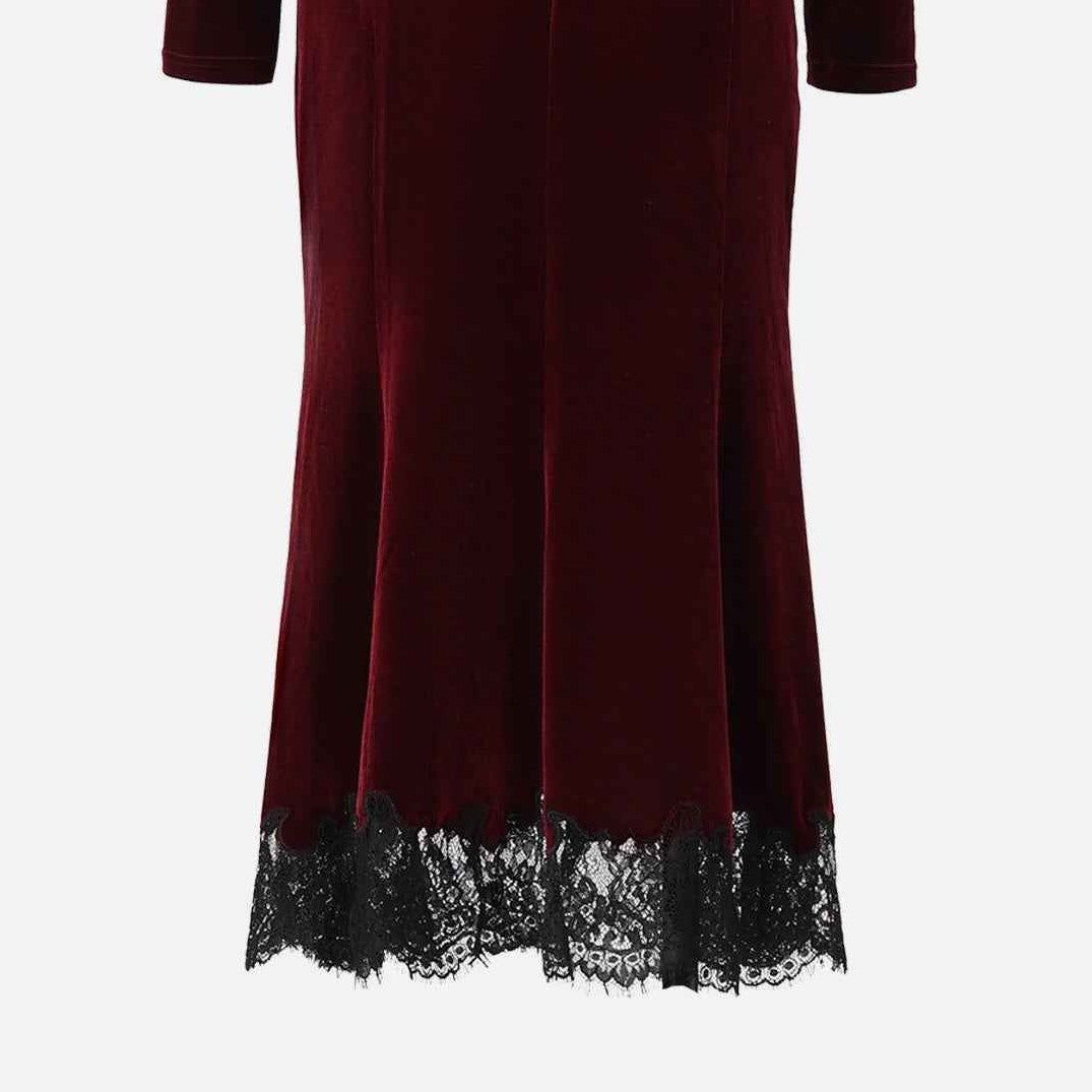 A dark lace border extends below the burgundy velvet, adding transparency to the lower edge.